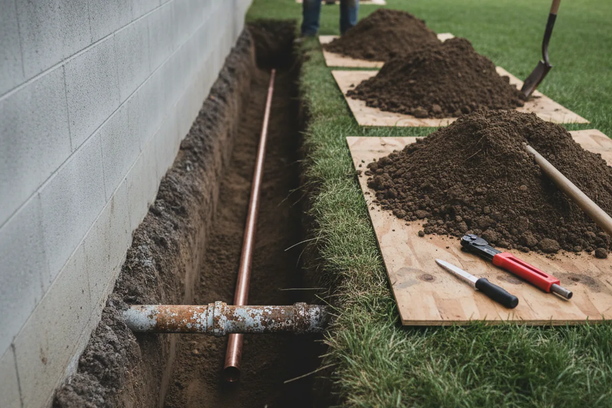 Excavated water line trench during Sewer Line Repair in Nassau